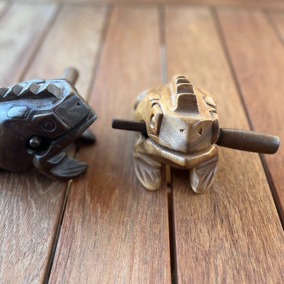 Two Handcarved Wooden 6" Long Guiro Rasp Frog Instruments - Picture 1 of 2